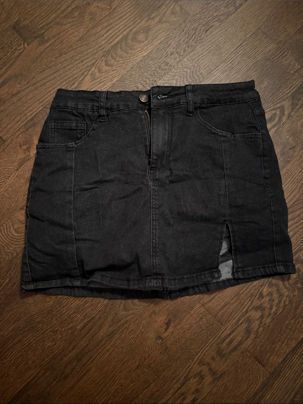 Black Denim Mini Skirt with Front Slit Detail